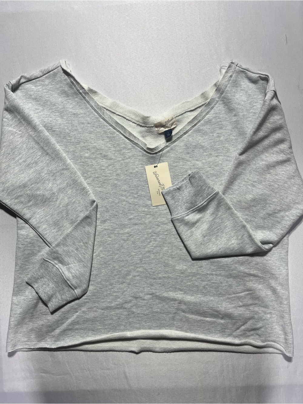 Light Gray Women's Large V-Neck Cropped Off Shoulder Long Sleeve Pullover Top